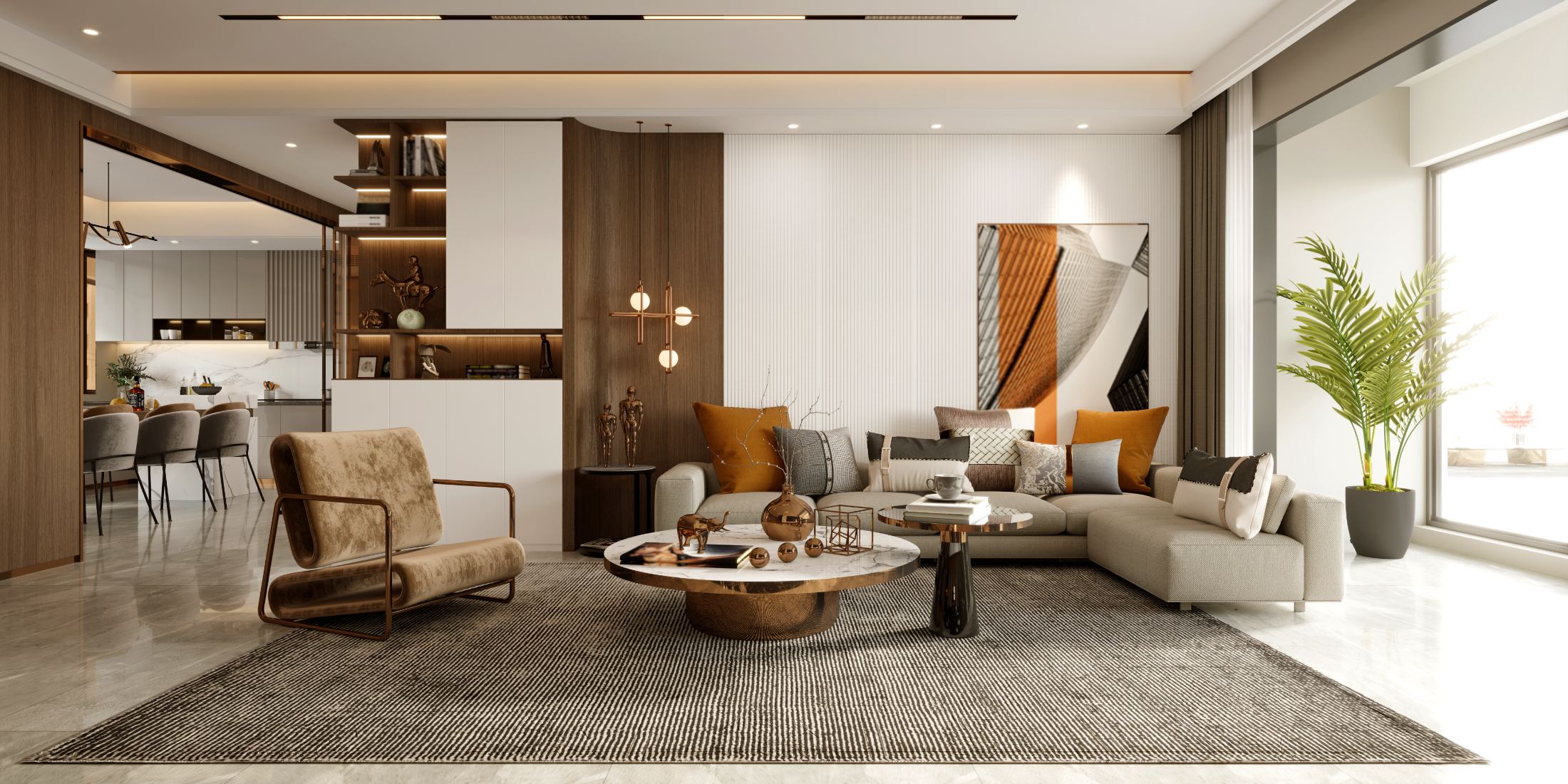 Modern luxury living room with beige sofa, wooden accent chair, round coffee table, and open kitchen visible through doorway
