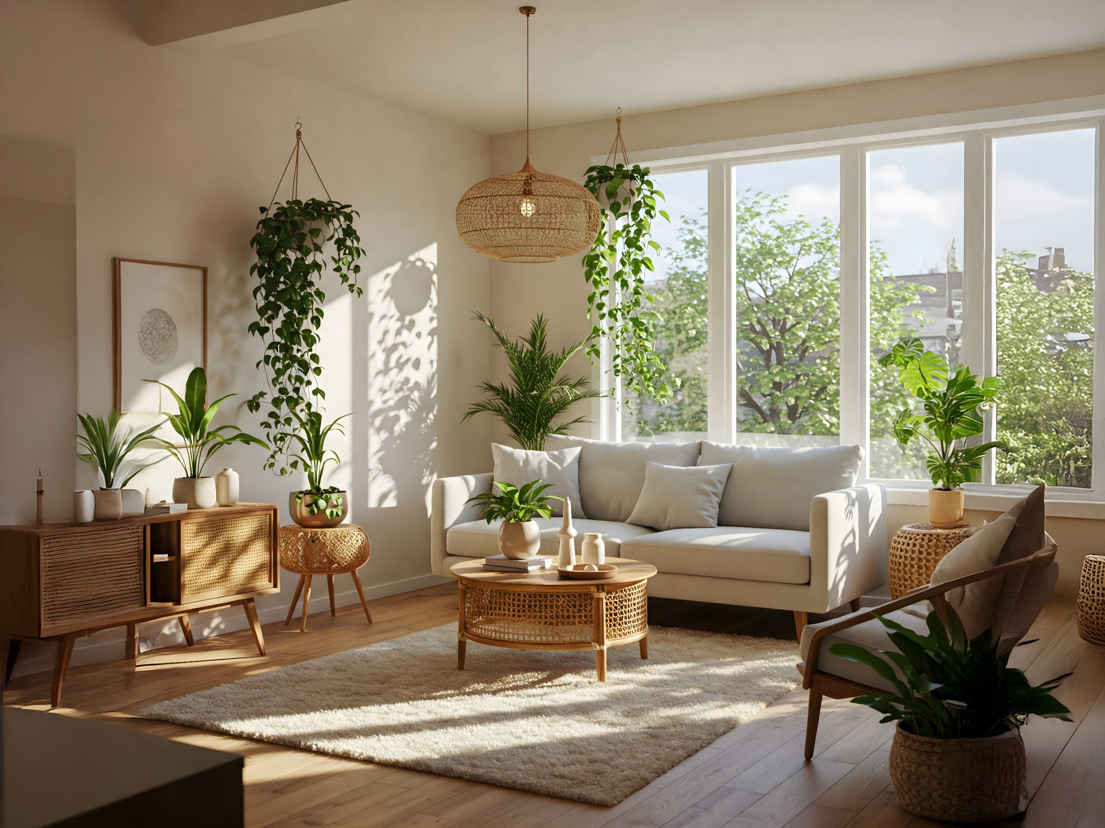 Bright living room with beige sofa, wooden furniture, hanging plants, woven pendant light, and large windows overlooking greenery